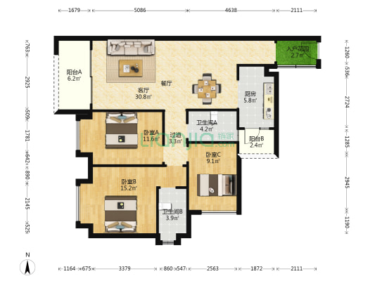 菊城国际广场 3室1厅2卫 116平方