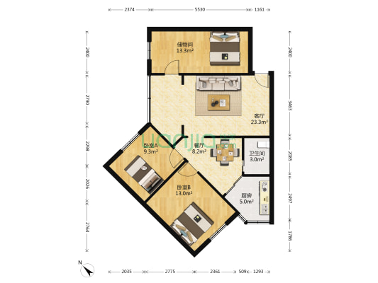 八二宿舍一区 2室2厅1卫 91平方
