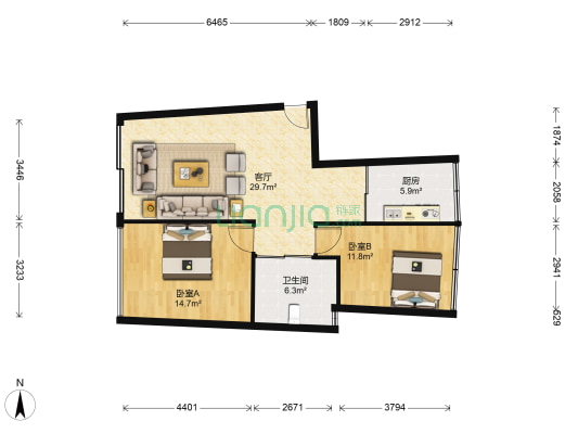 君兰名邸 2室1厅1卫 103平方