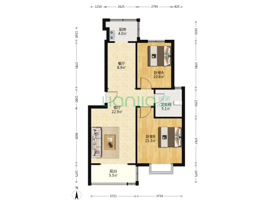 蓝水湾花园东区 2室2厅1卫 90平方