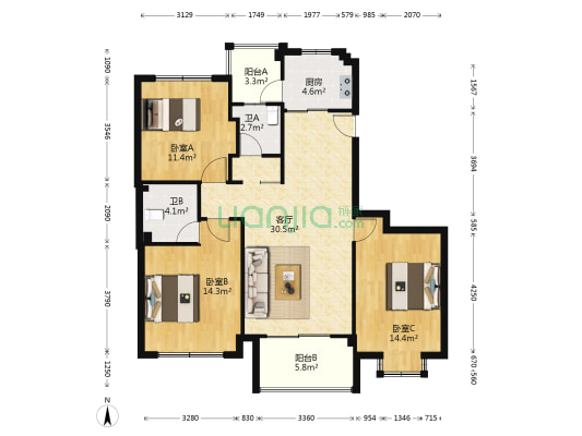 江南景苑南区 3室1厅2卫 113平方