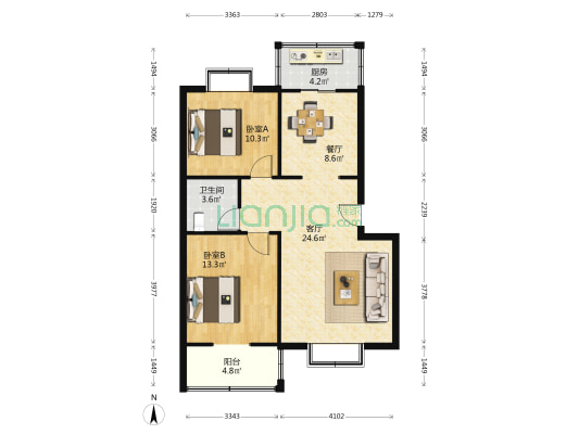 西安公交鹿苑小区 2室2厅1卫 86平方