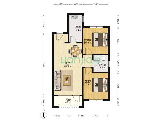 中金朗悦 2室1厅1卫 85平方
