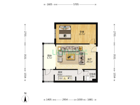 龙井南街66号 1室1厅1卫 60平方