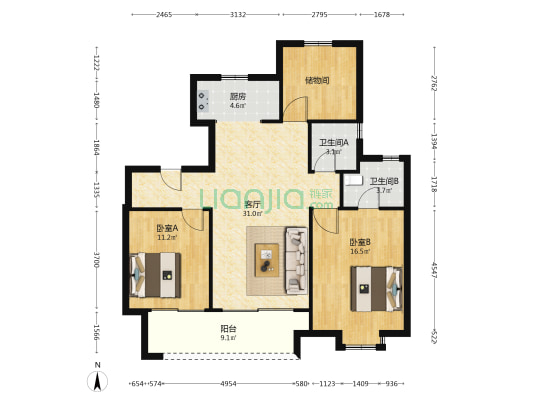 悦桐花苑 2室1厅2卫 108平方