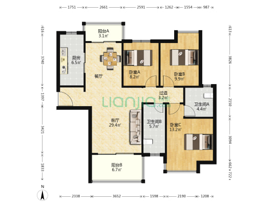 长房雍景湾 3室1厅2卫 121平方
