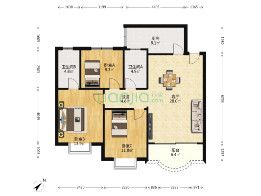 长福苑 3室1厅2卫 105平方