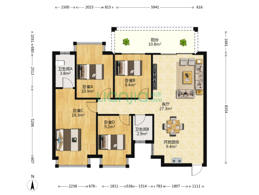 岭上国际 4室1厅2卫 116平方