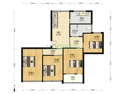 浴美施路住宅区 4室1厅1卫 77平方