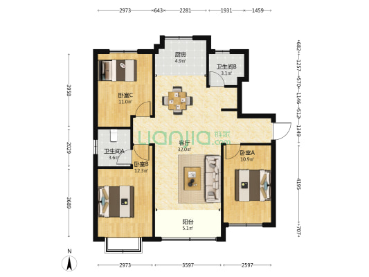 荣科枫林苑 3室1厅2卫 126平方