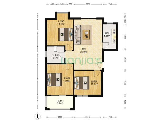 华诗雅地 3室1厅1卫 109平方