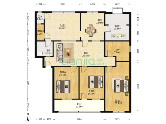 华龙小区(襄城区) 4室2厅2卫 184平方
