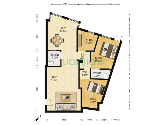 华侨新村 3室2厅2卫 91平方