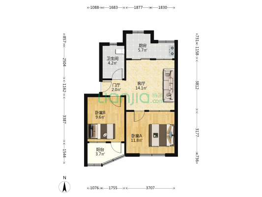 一纺机家属院 2室1厅1卫 62平方