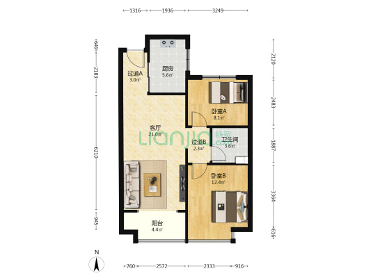 恒大中央广场六期 2室1厅1卫 87平方