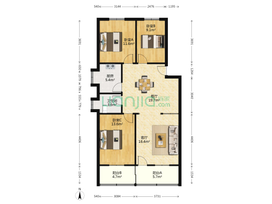 振湘小区 3室2厅1卫 102平方