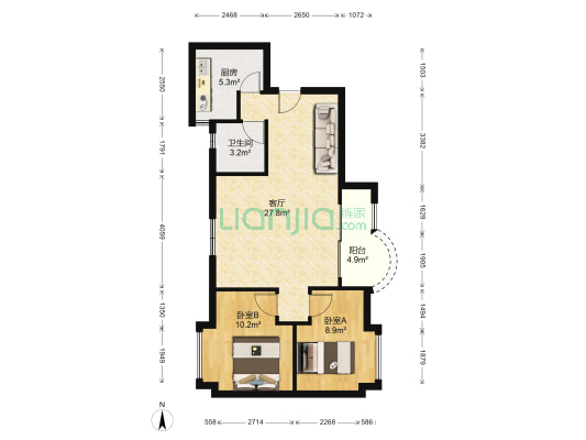 富力天朗明居 2室1厅1卫 80平方
