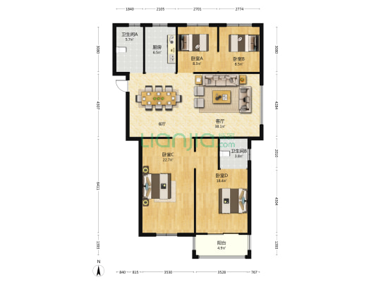 天河时代 4室1厅2卫 155平方