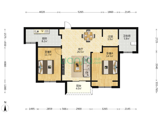 国联欢乐颂花园 2室1厅1卫 102平方