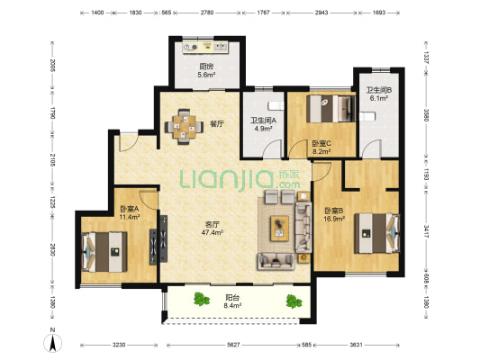 富力院士庭二期 3室1厅2卫 136平方