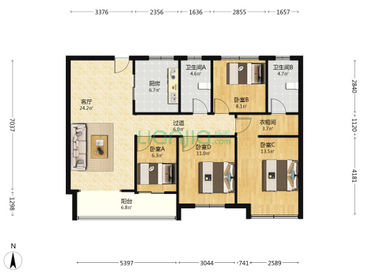 珠江四方印 4室1厅2卫 126平方