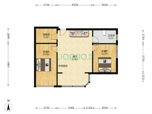 广东国际大厦 2室1厅1卫 97平方