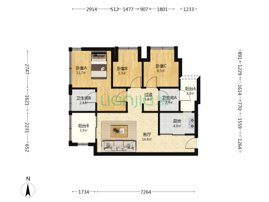 金科东原青溪林 3室1厅2卫 74平方