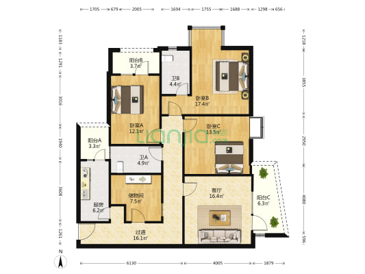 天和国际 3室1厅2卫 139平方