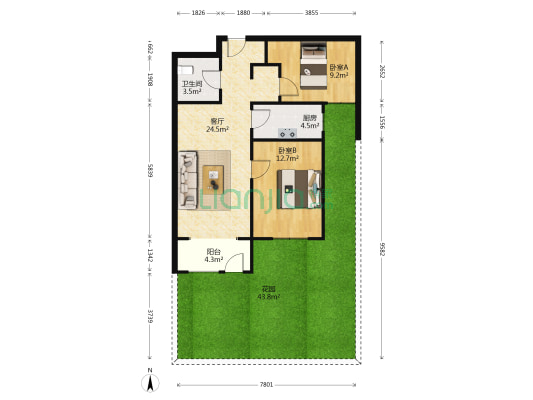 涿州高铁旁 一层带小院 经典两居 花园社区-户型图