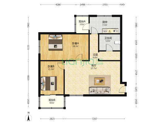 空港雅居 2室1厅1卫 88平方