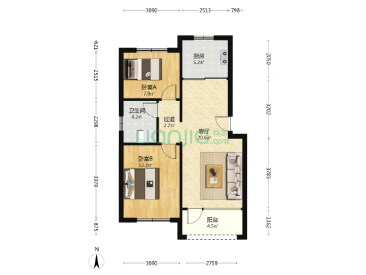 蓝岸华府 2室1厅1卫 83平方