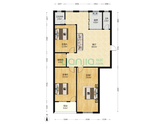 省烟草宿舍 3室1厅2卫 128平方