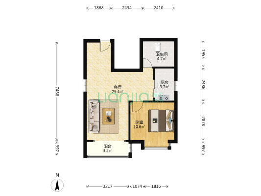 高新区 63平正规 朝南一居室 精致自住房 出售-户型图