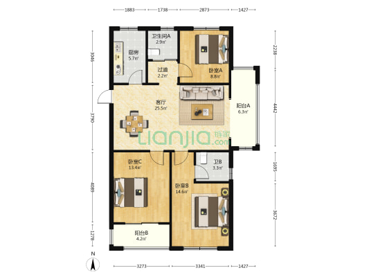 傅琎悦府 3室1厅2卫 118平方