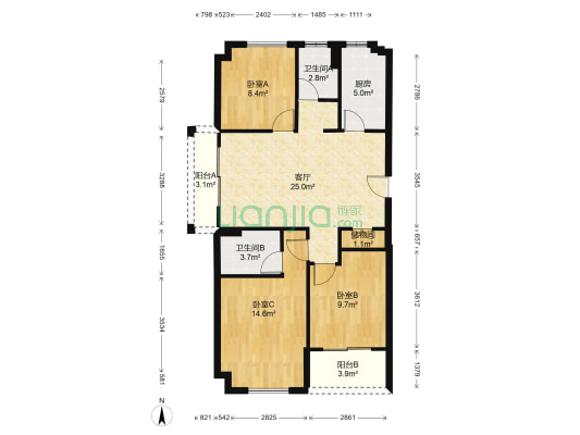 奥体华府 3室1厅2卫 100平方