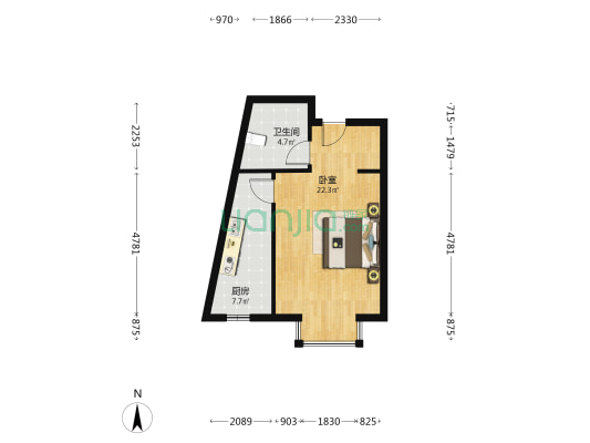 70年大产权，朝南向的毛坯房。-户型图