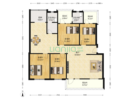 锦程园 4室1厅2卫 135平方