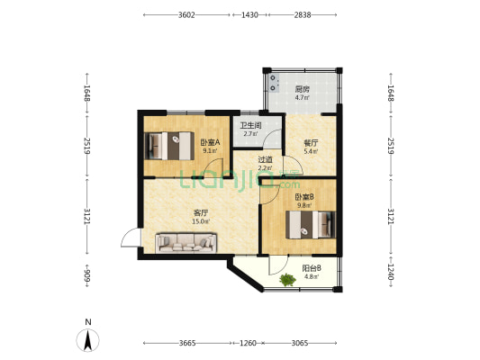 隆福院 2室2厅1卫 60平方