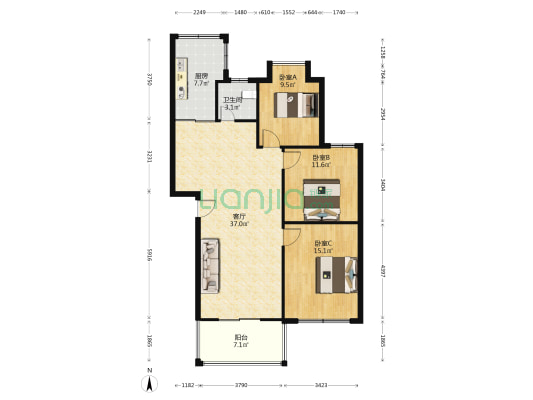 天瑞名城C区 3室1厅1卫 107平方
