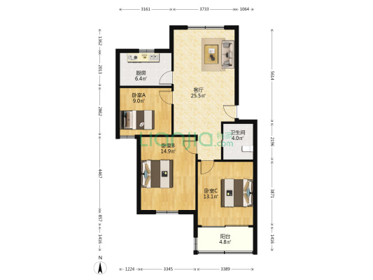 溪苑公寓 3室1厅1卫 96平方
