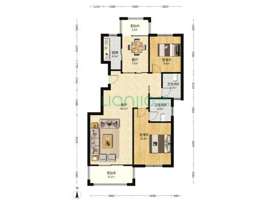 天润新城 2室2厅2卫 108平方