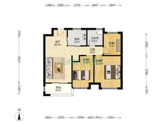万科城市之光二三期 3室1厅1卫 89平方