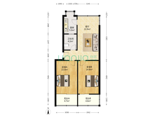 马家社区 2室1厅1卫 90平方