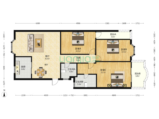 江滨花园B区 3室1厅2卫 151平方