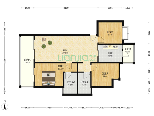 俊发彩云城檀湾 3室1厅2卫 115平方