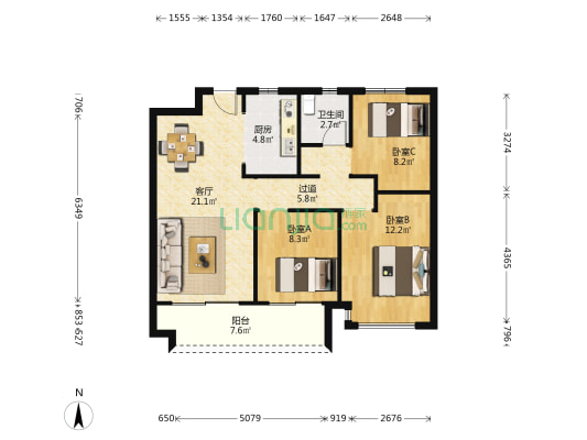 合景汇悦城 3室1厅1卫 95平方