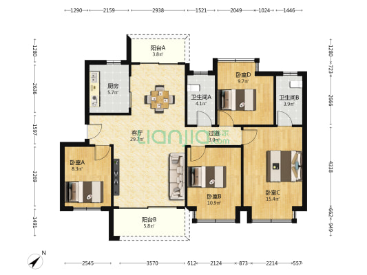 华润幸福里 4室1厅2卫 125平方