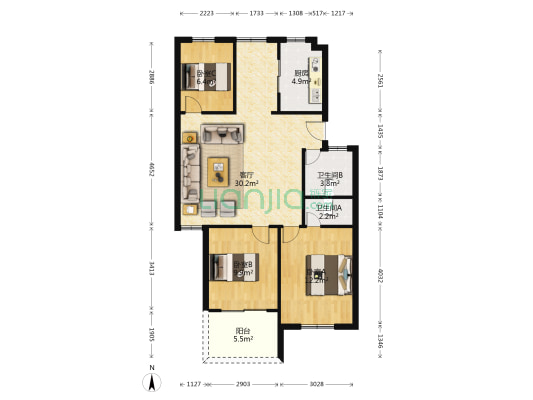 台山小区 3室1厅2卫 90平方