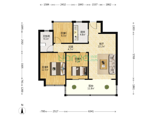 招商雍华府B区 3室1厅1卫 99平方