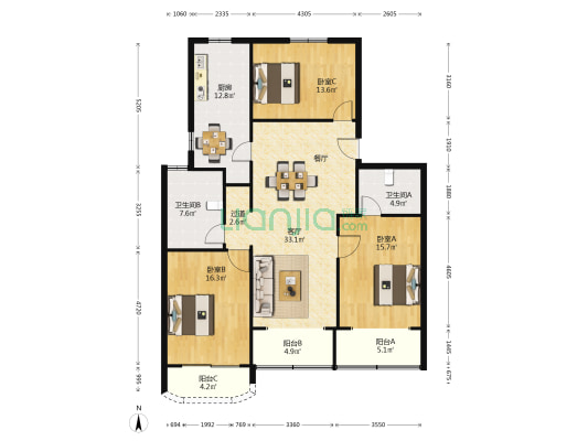 锦沧公寓 3室1厅2卫 141平方